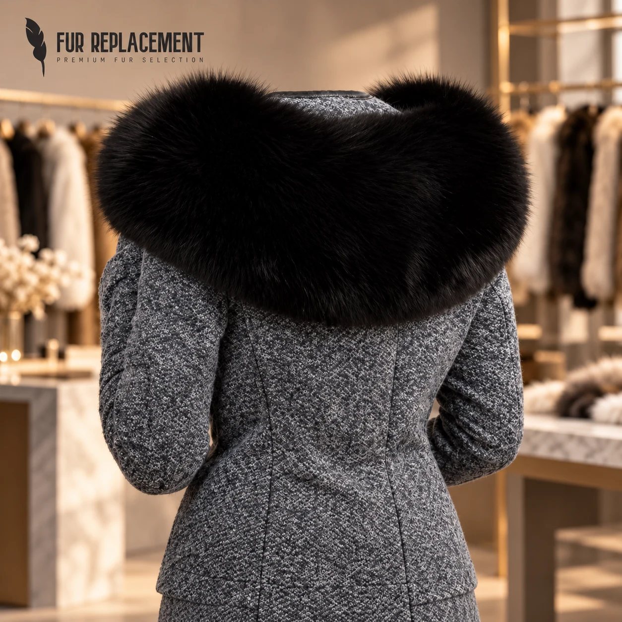 Handmade Premium Fox Fur Trim Hood Replacement Collar (Black)