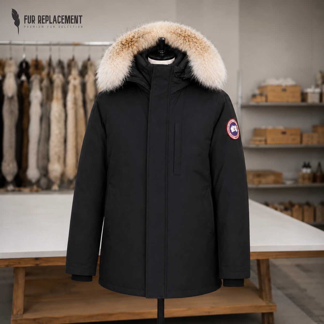 Full front view of a black Canada Goose parka with a natural coyote fur hood trim