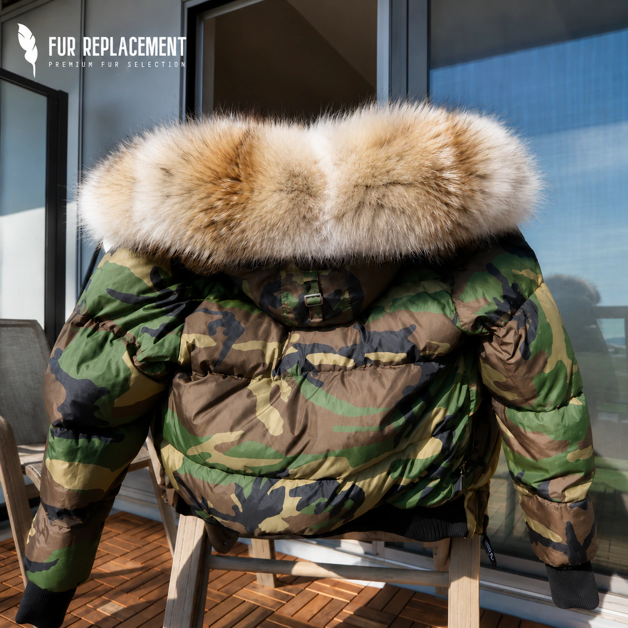 Natural coyote fur trim shown around the hood of a camouflage parka