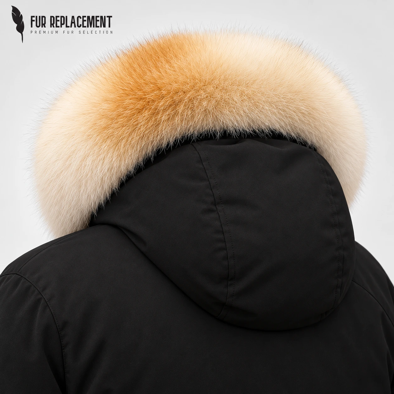 Illustrative left rear view of a Canada Goose-compatible natural fur trim on a black jacket