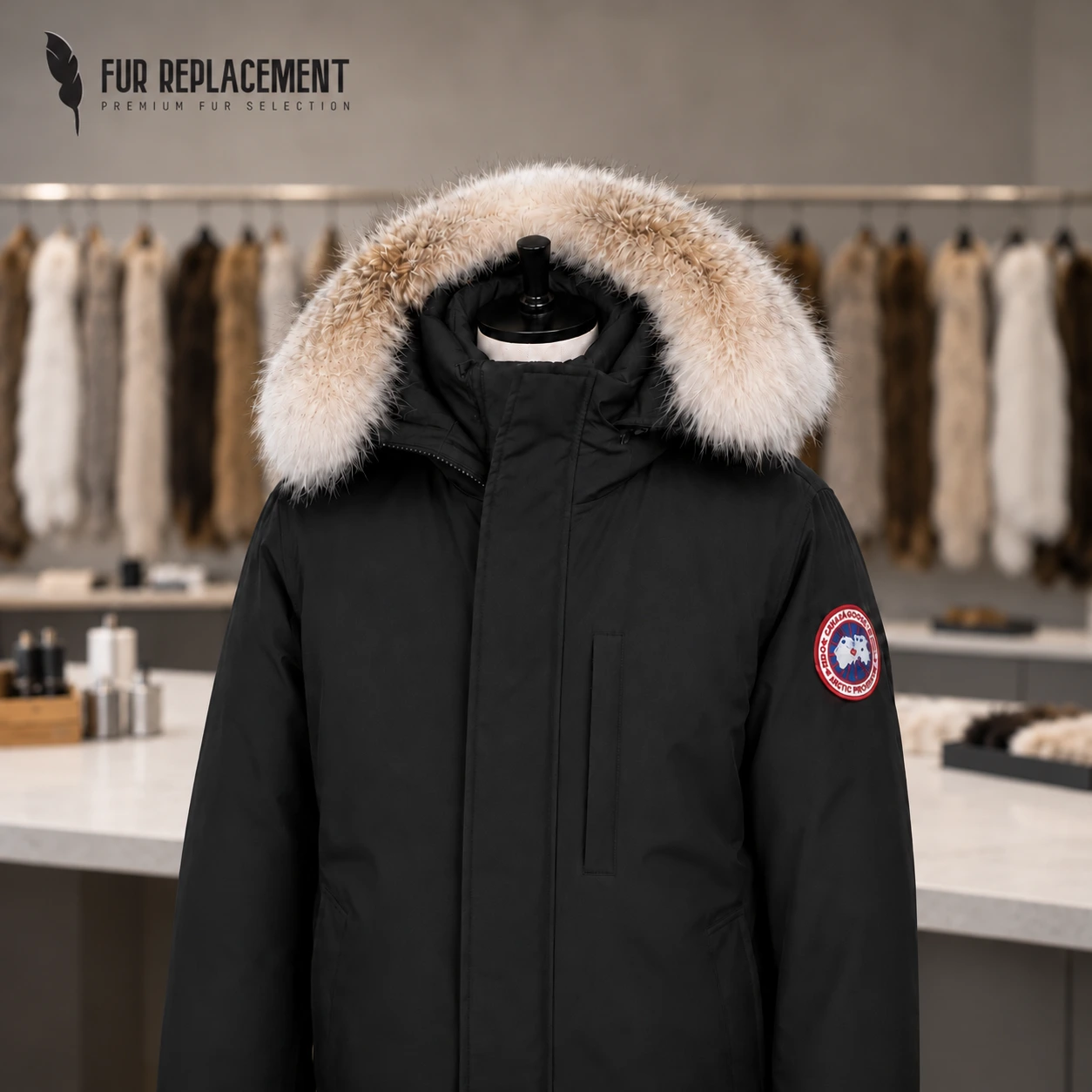 Genuine coyote fur replacement trim on a black Canada Goose parka in the Fur Replacement workshop