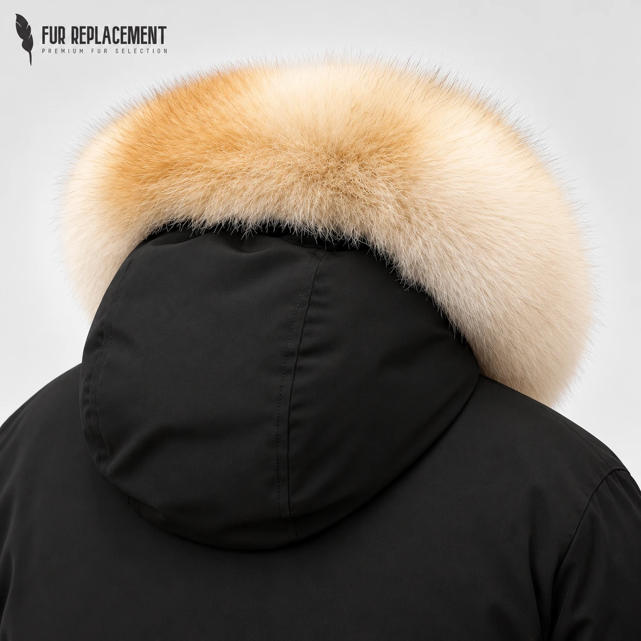 Illustrative right rear view of a Canada Goose-compatible natural fur trim on a black jacket