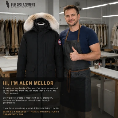 Alen Mellor at the Fur Replacement workshop beside a fur-trimmed parka
